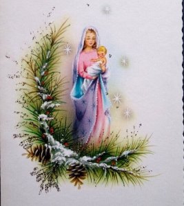 Christmas Greeting Card Glitter Mary Baby Jesus Vintage Sunshine Mid Century Mod