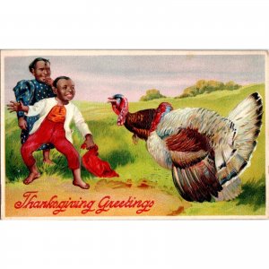 Original Antique Thanksgiving Greeting Postcard - Children - Turkeys - Embossed