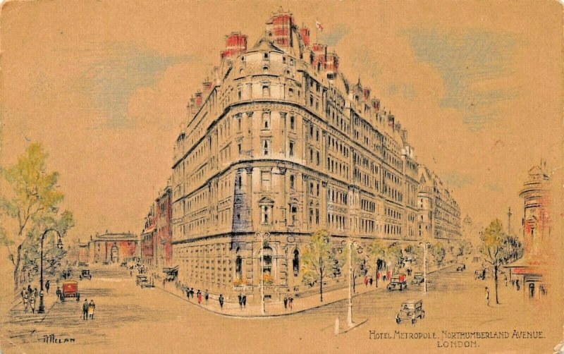 LONDON ENGLAND~HOTEL METROPOLE-NORTHUMBERLAND~ARTIST SIGNED 1935 POSTCARD