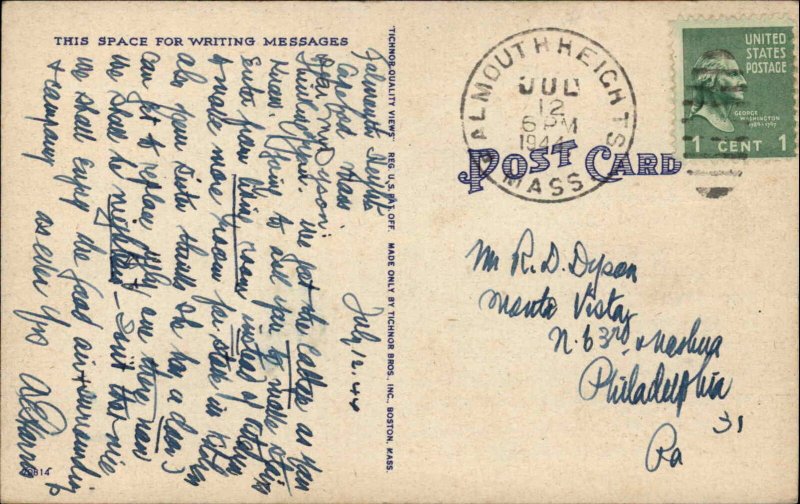 Falmouth Massachusetts MA Post Office Cape Cod Linen Vintage Postcard