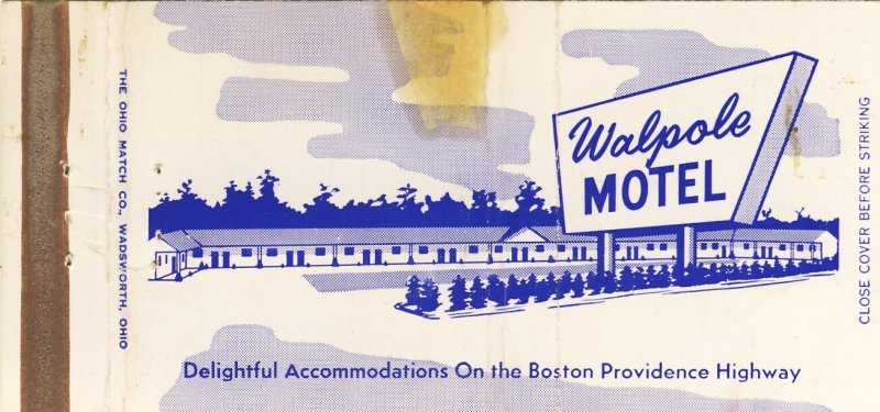 Early Walpole, Massachusetts/MA Match Cover, Walpole Motel