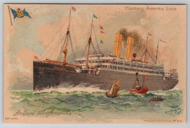 Hamburg America Amerika Line Ship Ocean Liner Artist Signed c1905 Postcard B24