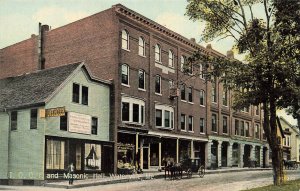 Waterville ME I. O. O. F. & Masonic Hall Storefronts Horse and Buggie Postcard