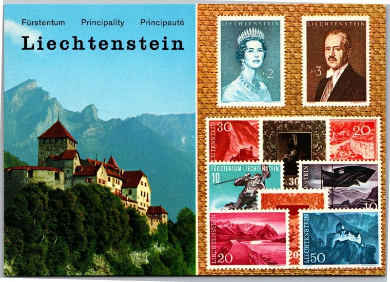 Postcard Liechtenstein Castle of Valdus with Falknis and stamps