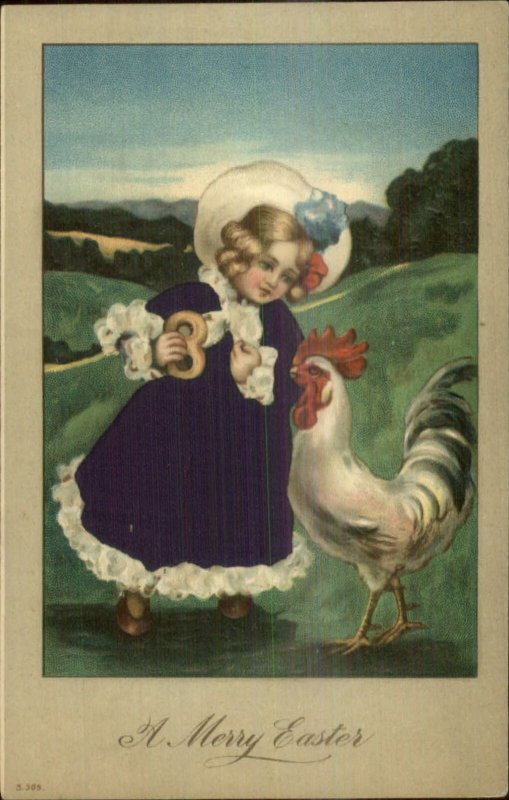 Easter - Little Girl Feeding Rooster - REAL SILK DRESS c1910 Postcard