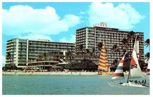 Catamaran's Sailing Past the Reef Hotel Edgewater Waikiki Hawaii Postcard