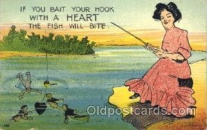 Fishing Woman in Sports 1908 crease right top corner, postal used 1908