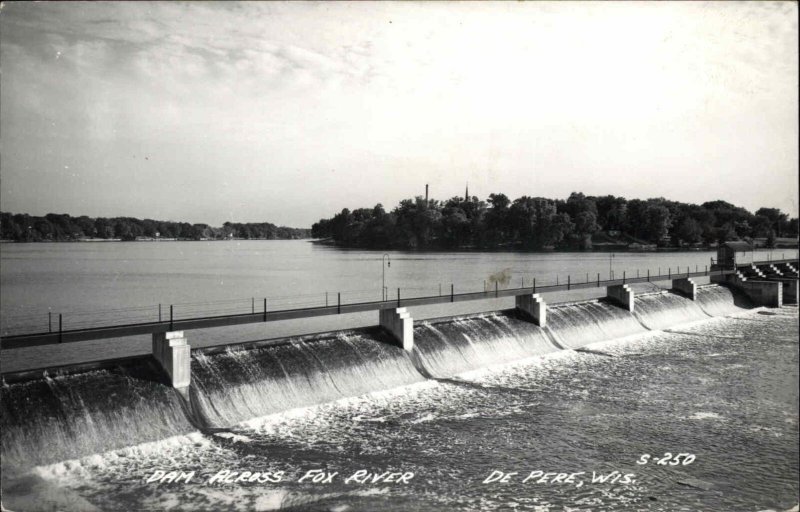 De Pere WI Dam Across Fox River Real Photo RPPC Vintage Postcard