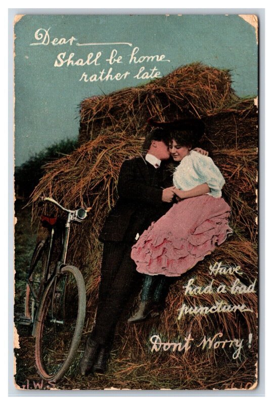 Romance Bicycle has Flat Will Be Home Late Roll In Hay UNP DB Postcard V1