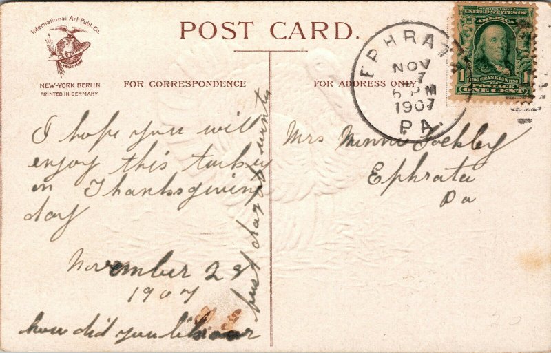 Vtg 1907 Cordial Thanksgiving Greetings Turkey Artist Signed Clapsaddle Postcard