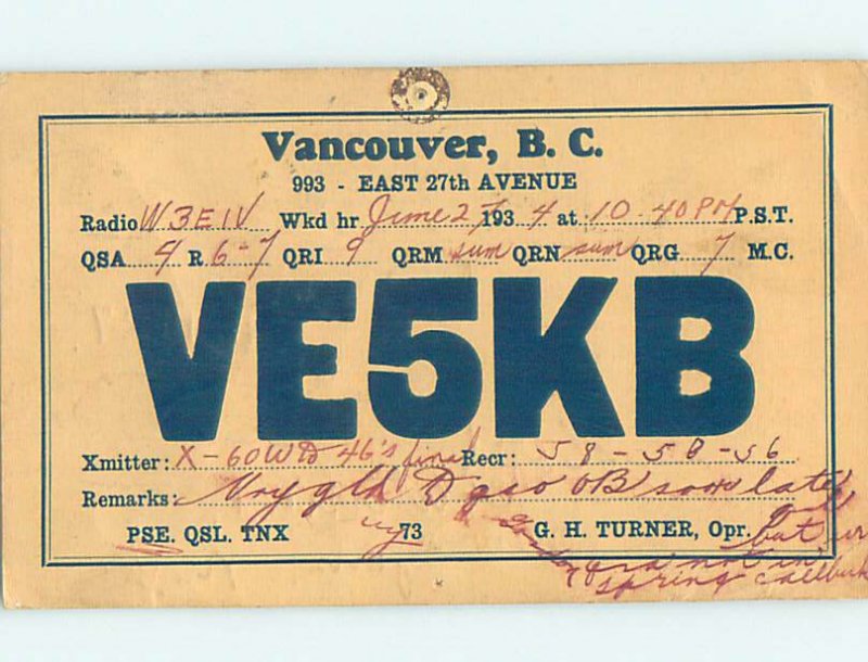 1930s QSL RADIO CARD Vancouver British Columbia BC AH3145