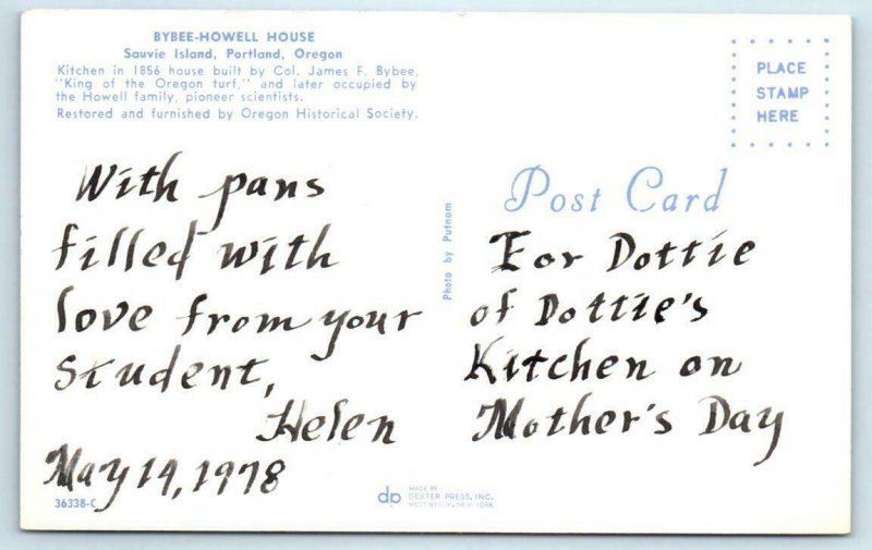 SAUVIE ISLAND, PORTLAND Oregon OR ~ Kitchen BYBEE HOWELL HOUSE 1978   Postcard