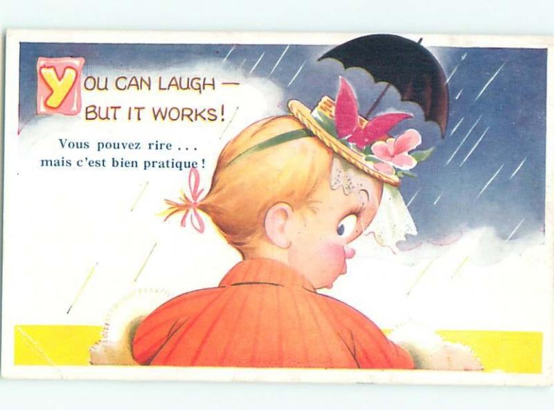 Bamforth Comic GIRL HAS AN UMBRELLA ON HER HAT AC0031