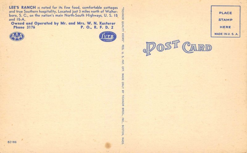 LEE'S RANCH Restaurant & Cottages Walterboro, SC Roadside Linen Vintage c1940s