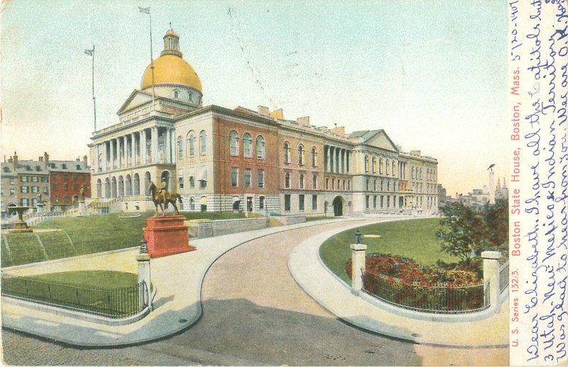 Boston Massachusetts State House Litho Postmarked 1907 Flag Cancel