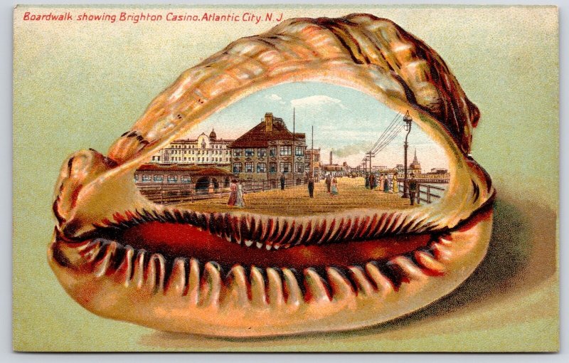 Boardwalk Showing Brighton Casino Atlantic City New Jersey Giant Shell Postcard