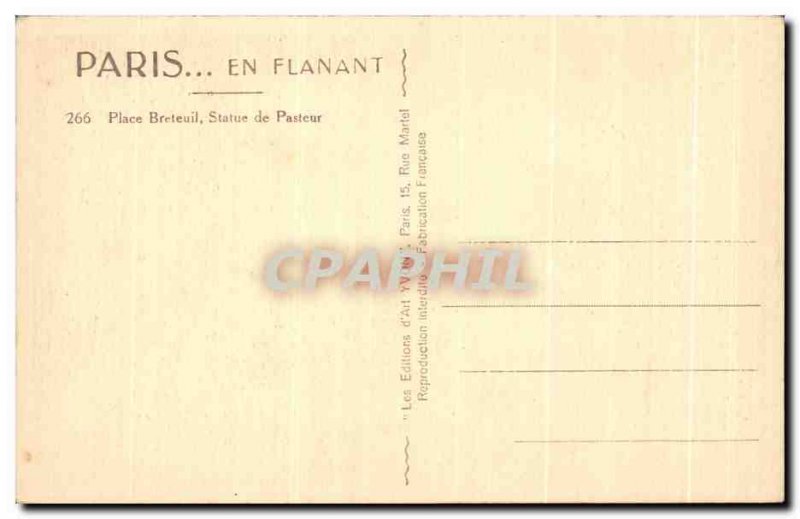Old Postcard Paris Strolling Place Breteuil Pasteur statue