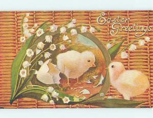 Pre-Linen easter PAIR OF CHICKS WITH LILY OF THE VALLEY FLOWERS hr1830