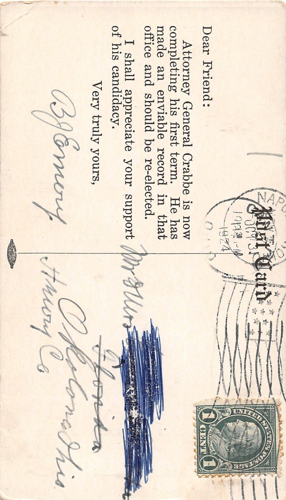 H58/ Napoleon Ohio Postcard Political 1924 Crabbe Republican Attoney