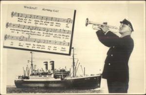 Steamship Ship New York Sheet Music Man Playing Trumpet RPPC Postcard