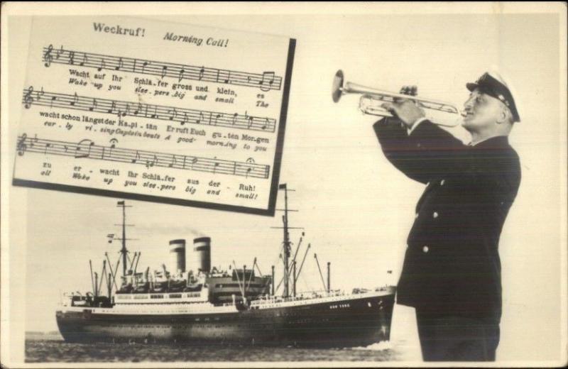 Steamship Ship New York Sheet Music Man Playing Trumpet RPPC Postcard