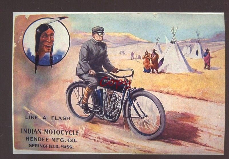 SPRINGFIELD MASS. MASSACHUSETTS INDIAN MOTORCYCLE ADVERTISING POSTCARD RIDER