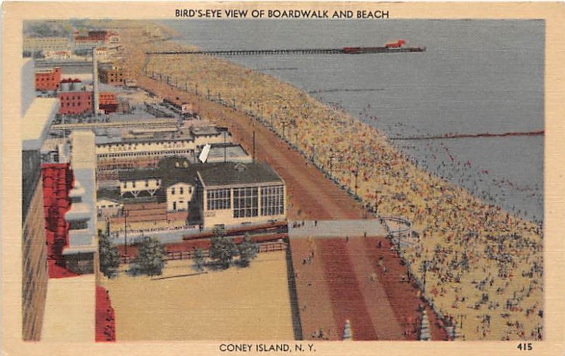 Bird's Eye View of Boardwalk and Beach Coney Island, NY, USA Amusement Park U...