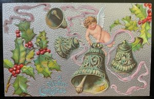 Vintage Victorian Postcard 1901-1910 A Merry Christmas Silver Pebbled Background