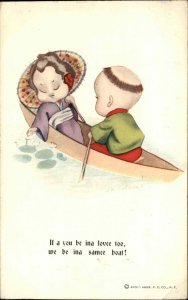 Japanese Comic Series 3 of 3 Boy and Girl Rowing Romance Vintage Postcard