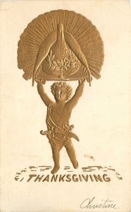 Golden Silhouette Postcard Cherub W Scimitar Holds Symbolic Thanksgiving Turkey