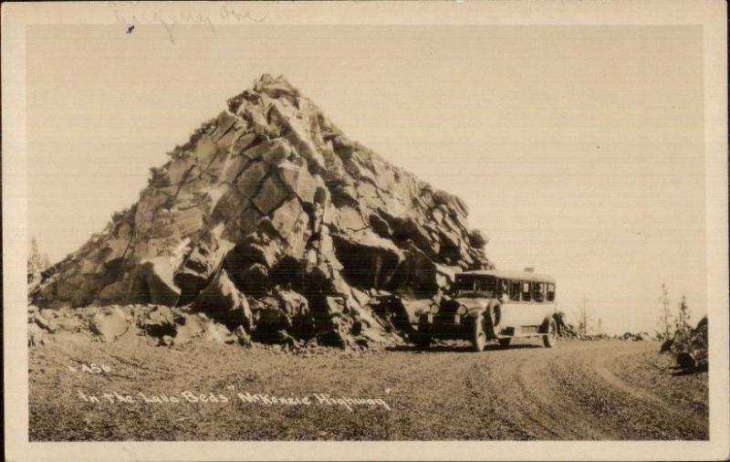 Oregon - Bus in the Lava Beds McKenzie Pass Hwy c1920s Real Photo Postcard