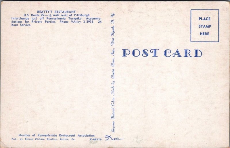 Postcard Beatty's Restaurant US Route 22 1/4 West of Pittsburgh PA