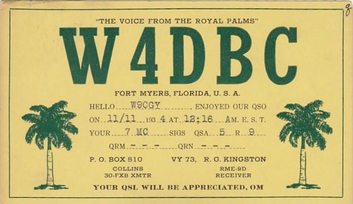 Florida Fort Myers QSL Card W4DBC 1934