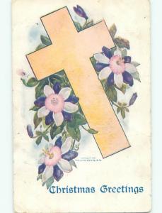 1907 christmas religious JESUS CROSS WITH PRETTY FLOWERS k1119