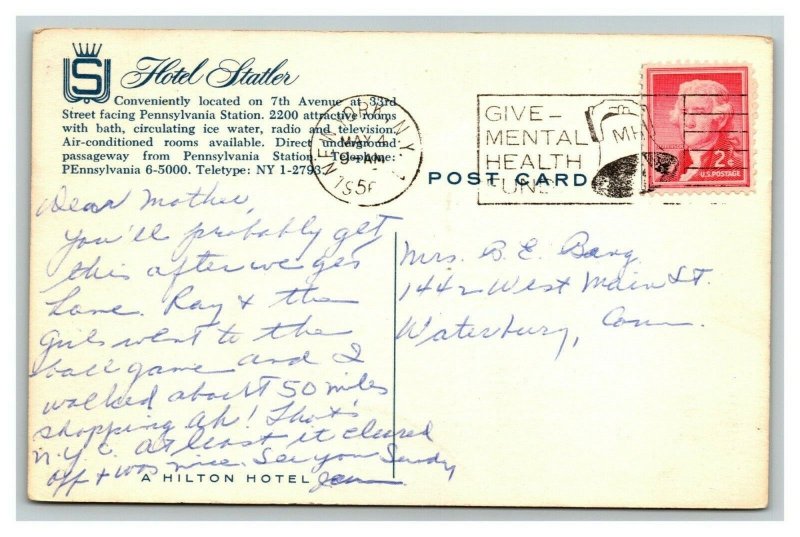 Vintage 1956 Advertising Postcard Hotel Statler New York City NY - Antique Autos