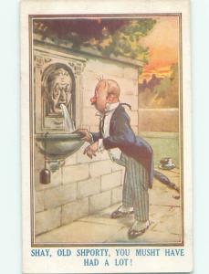 Bamforth Comic DRUNK MAN THINKS WATER FOUNTAIN IS VOMITING AB9827