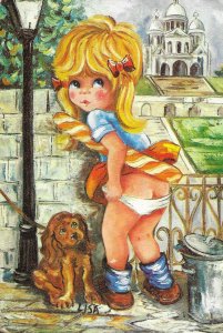 Funny little girl and her dog Modern French, artist signed, postcard 1970s