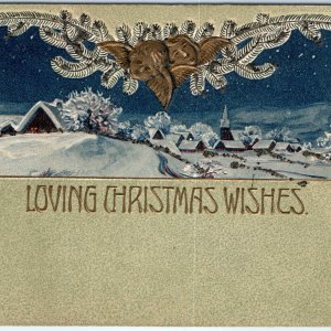 c1900s Loving Christmas Wishes Embossed Postcard Gilt Cherub Angels Cupids A83