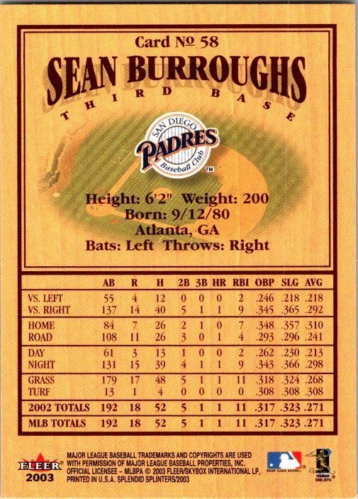 2003 Fleer Baseball Card Sean Burroughs San Diego Padres sk20090