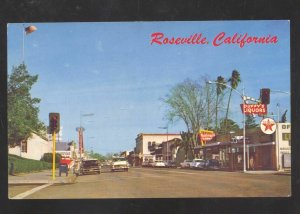 ROSEVILLE CALIFORNIA DOWNTOWN STREET SCENE OLD CARS TEXACO VINTAGE POSTCARD