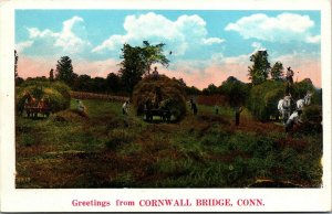 Vtg Greetings from Cornwall Bridge CT Farming Horse Drawn Hay Wagon Postcard
