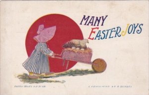 Easter Sunbonnet Girl Pushing Wheelbarrow With Hen and Eggs