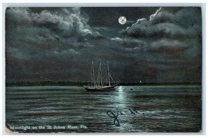 c1908 Moonlight Boat St Johns River Moon Miami Florida Vintage Antique Postcard