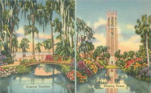 Cypress Gardens & Singing Tower Central Florida Attractions Linen Postcard,  Map