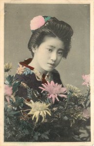 Hand Colored Postcard Japanese Woman with Chrysanthemums, Camellia