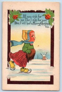 Christmas Postcard Dutch Girl Holly Berries Winter Scene Windmill c1910's Posted