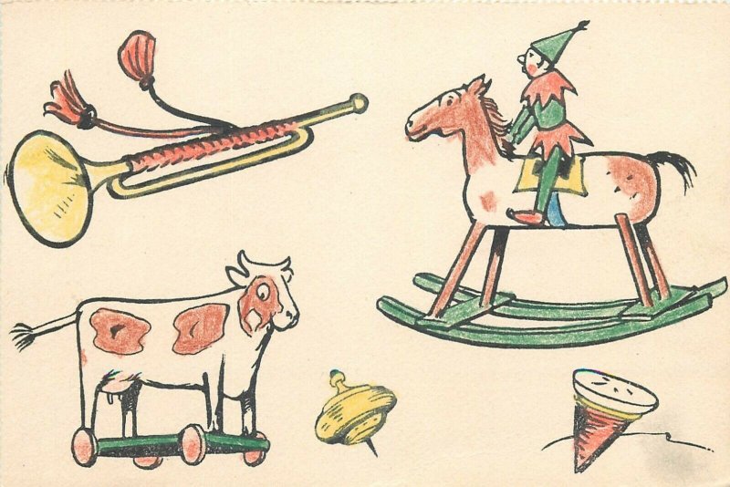 Drawn toys early postcard rocking wood horse cow trumpet