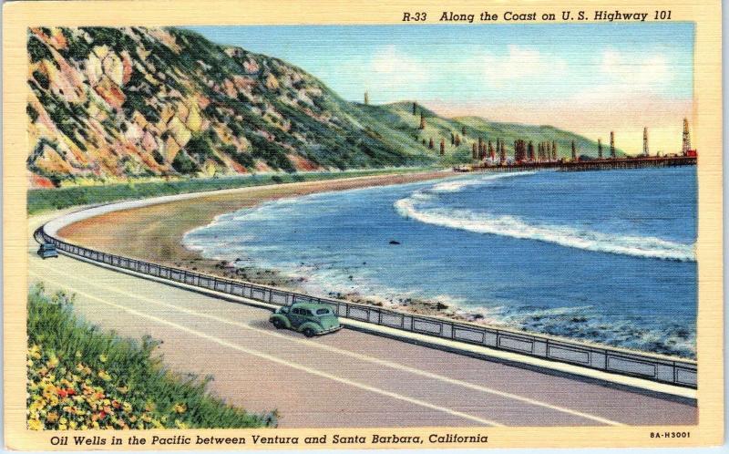 SANTA BARBARA, CA California  COASTAL  OIL WELLS  Pacific Ocean Hwy 101 c1940s