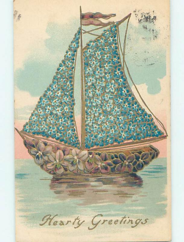 Pre-Linen fantasy SAILBOAT MADE OF FORGET-ME-NOT AND VIOLET FLOWERS HJ3576