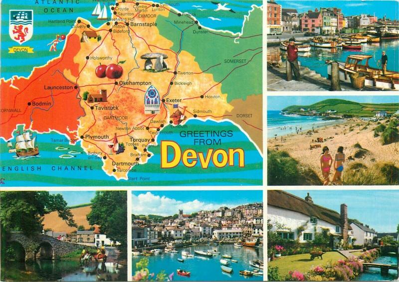 Greetings from Devon map & multi views postcard